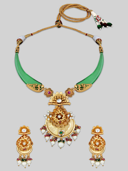 Gold-Plated Multicolor Kundan Dangle Earrings With Necklace Set