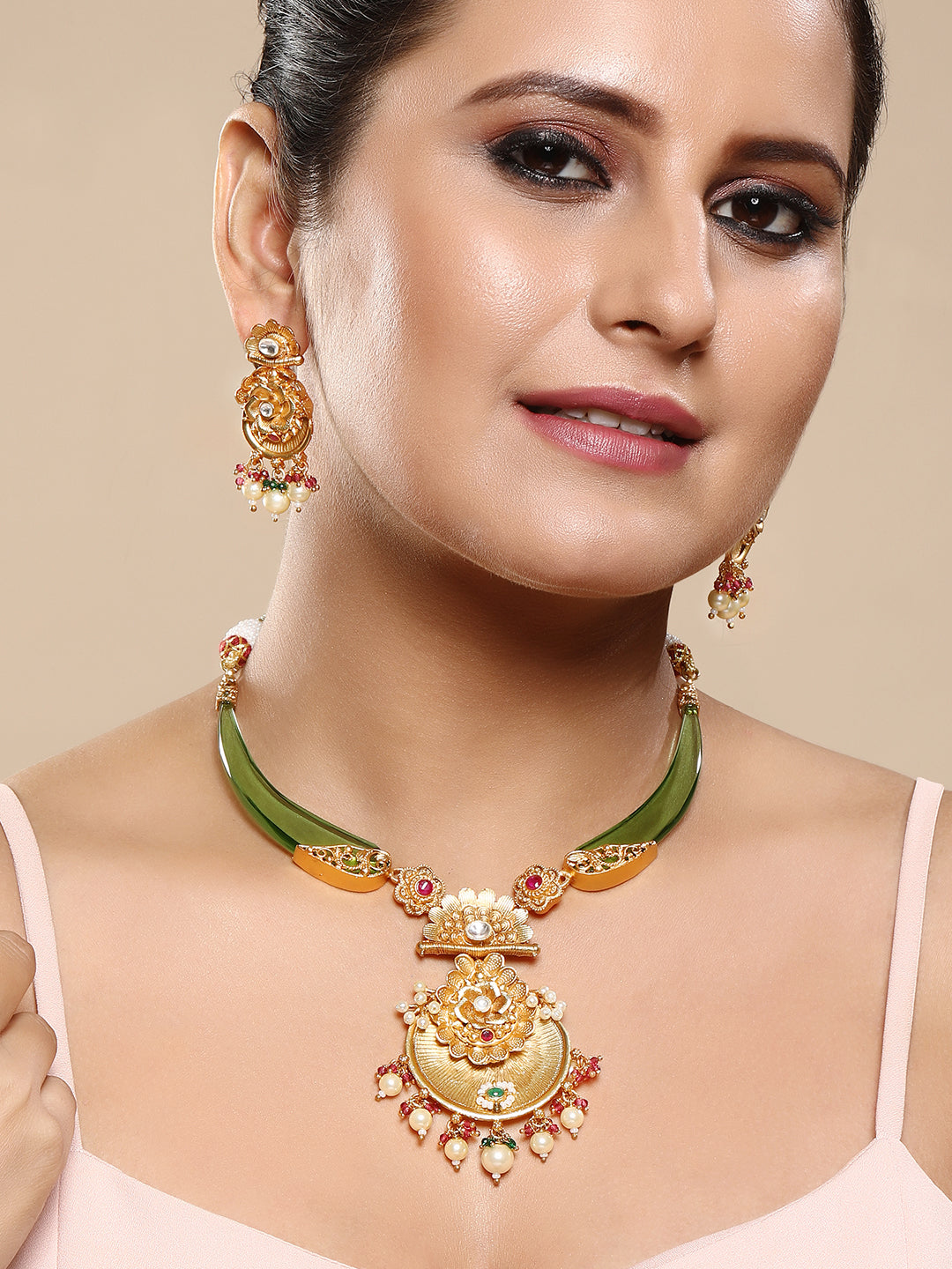 Gold-Plated Multicolor Kundan Dangle Earrings With Necklace Set