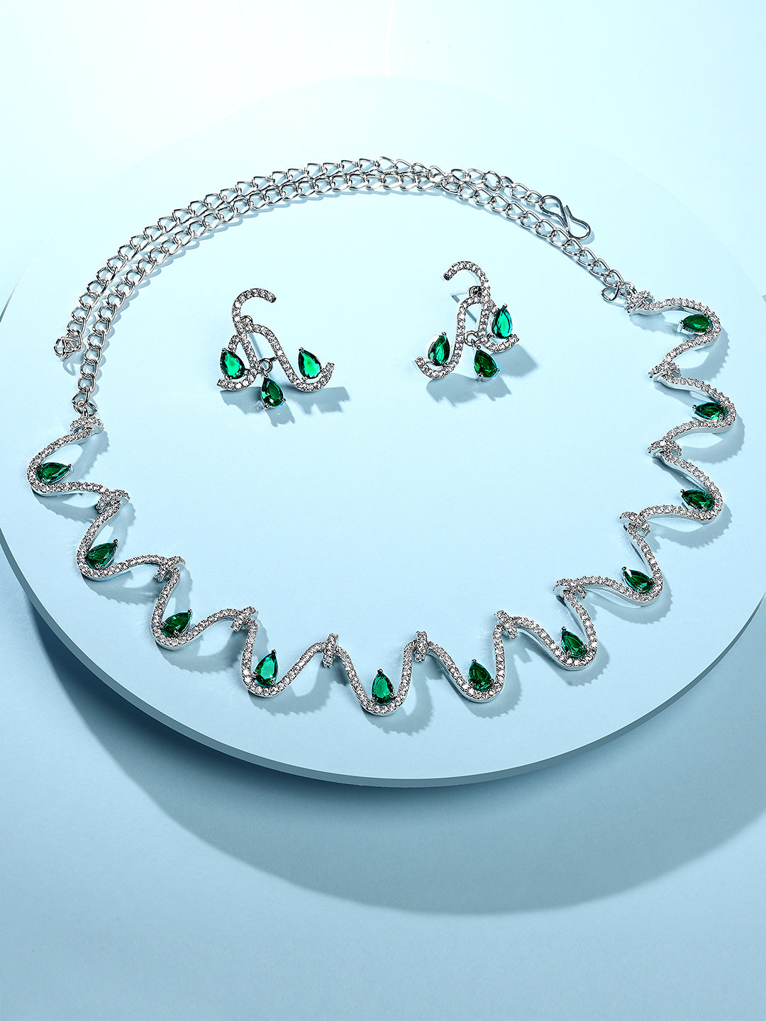 Emerald Allure: Rhodium Choker & Stud Earring Set