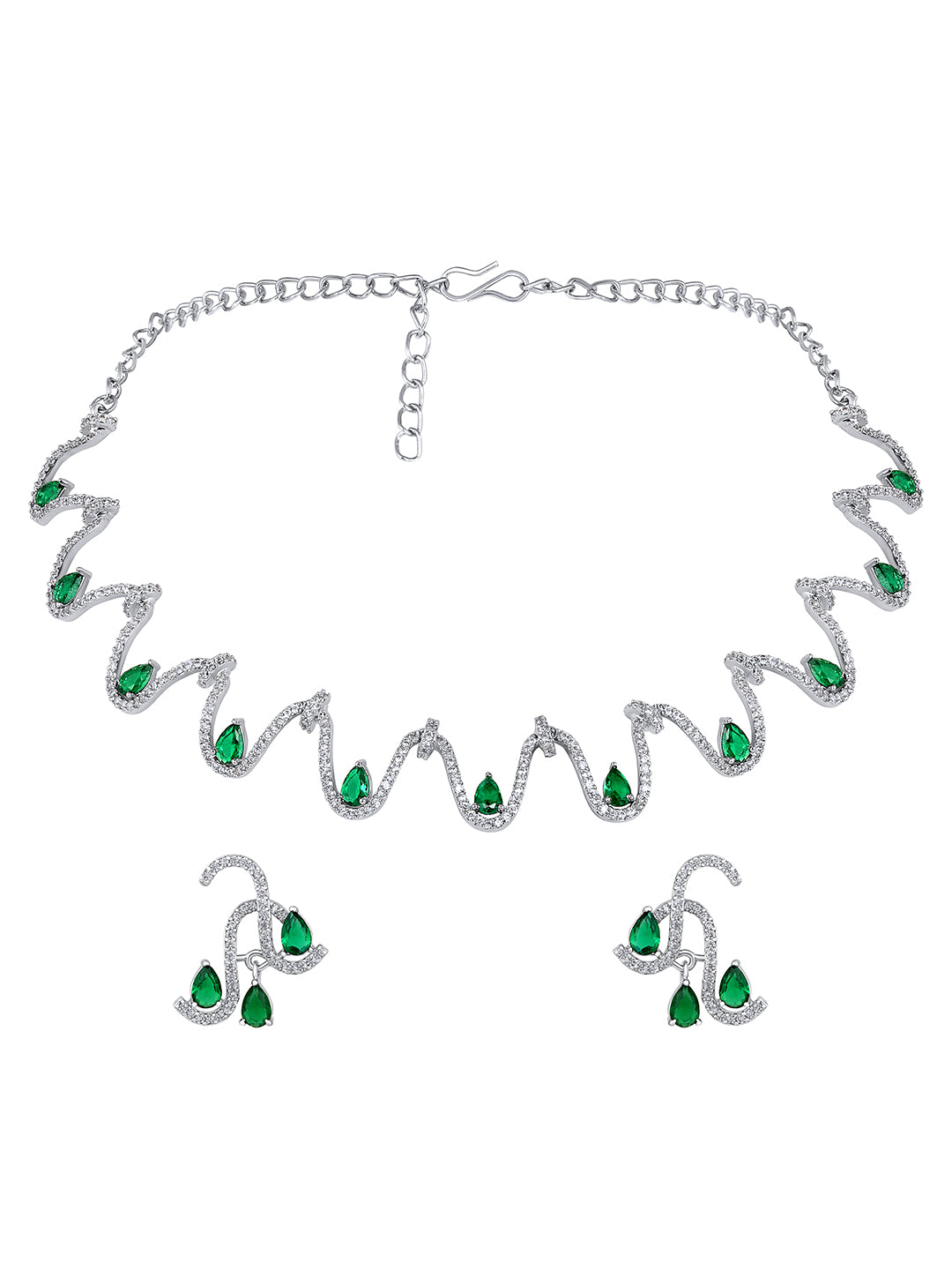 Emerald Allure: Rhodium Choker & Stud Earring Set