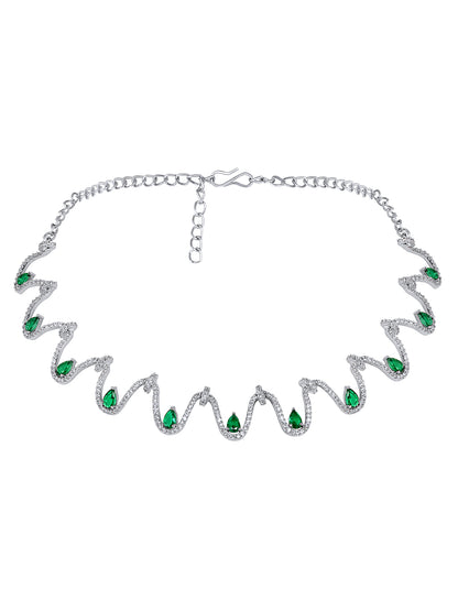 Emerald Allure: Rhodium Choker & Stud Earring Set