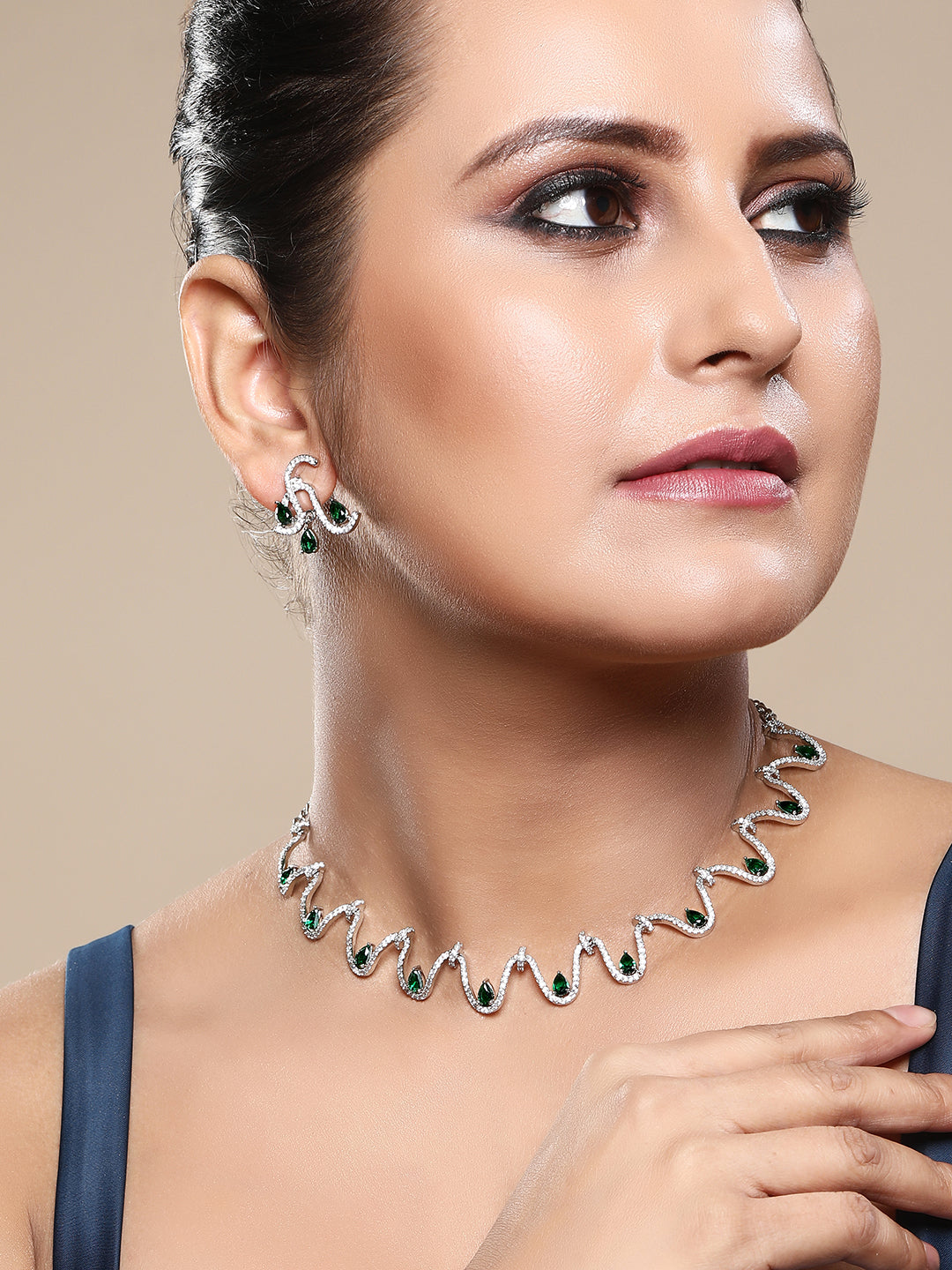 Emerald Allure: Rhodium Choker & Stud Earring Set