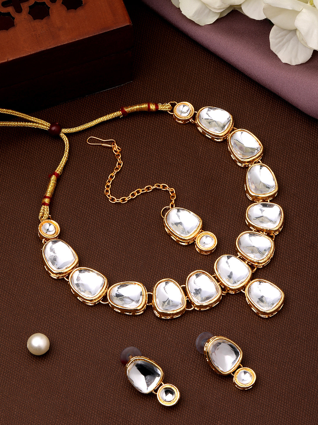 Gold-Plated Kundan Necklace Set With Drop Earring