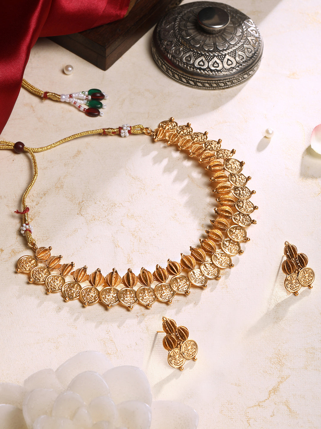 Gold-Plated Gold, Multicolor Pearl Drop Earring With Jewellery Set