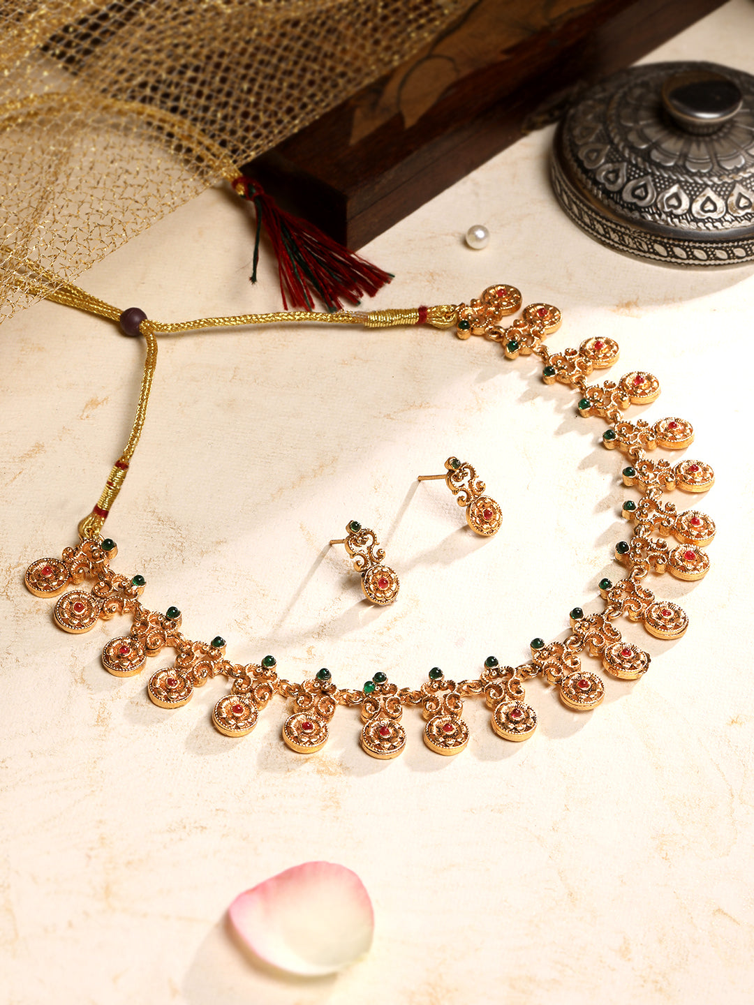 Gold Plated Red & Green Stone Studded Temple Jewellery Set_A-NS195