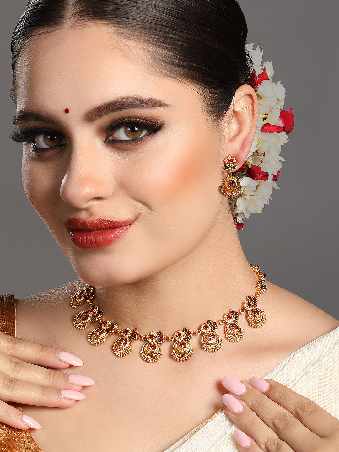 Gold-Plated Artificial Stone Jewellery Set With Drop Earring