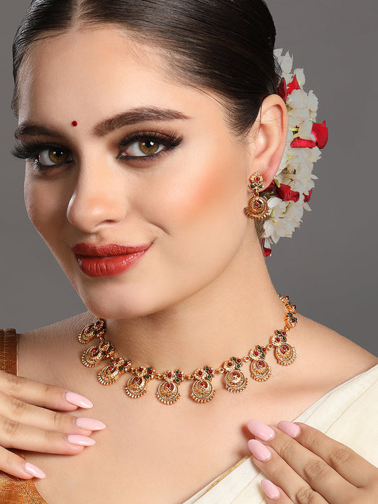 Gold-Plated Artificial Stone Jewellery Set With Drop Earring