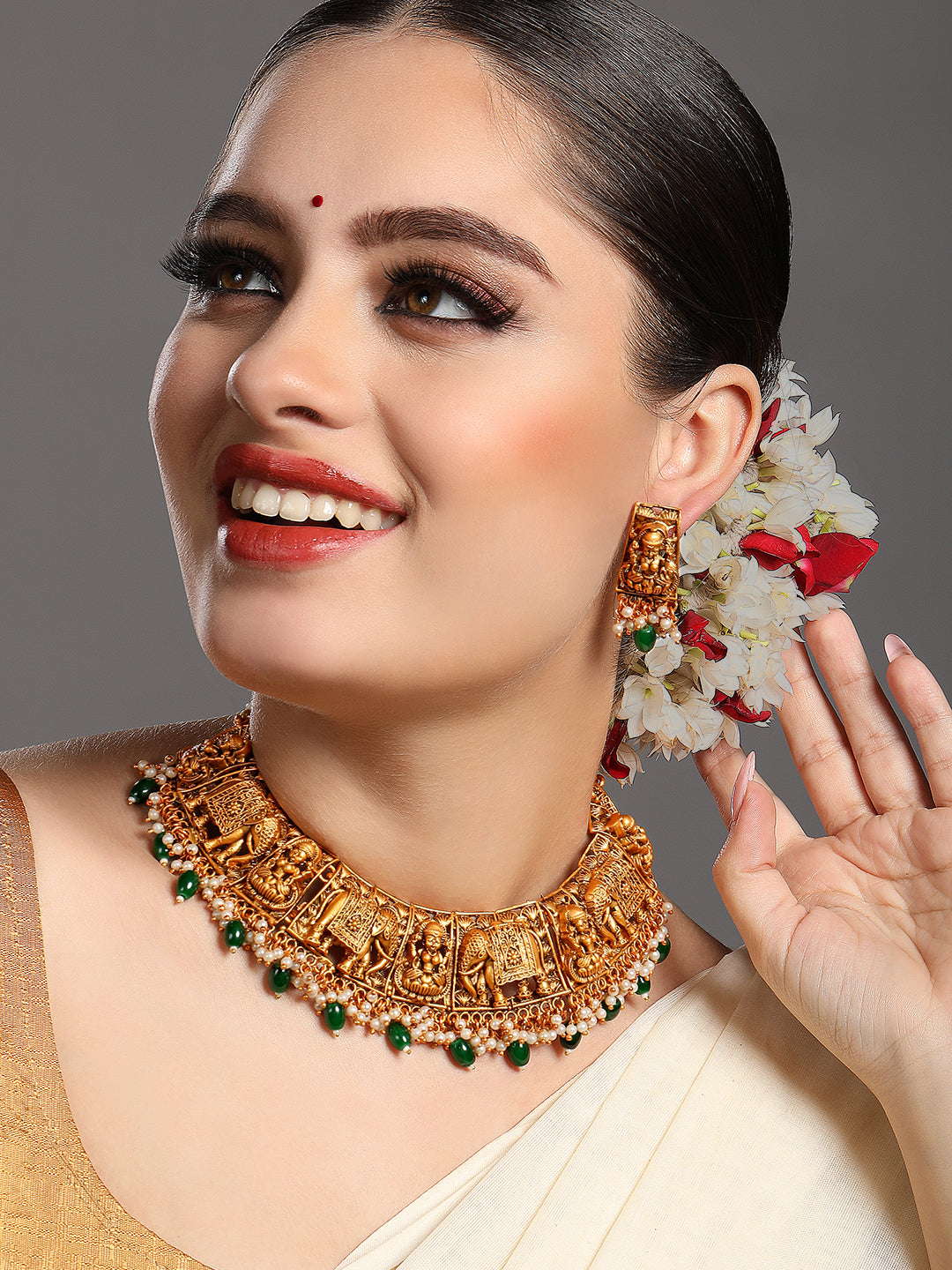 Gold Plated Red & Green Stone Studded Temple Jewellery Set_A-NS197