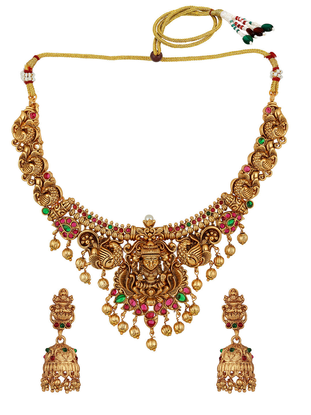 Gold Plated Red & Green Stone Studded Temple Jewellery Set_A-NS199