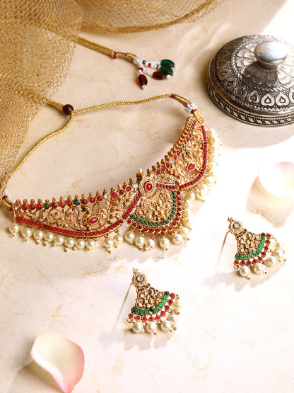 Gold-Plated Gold/Multicolor Pearl Drop Earring With Jewellery Set