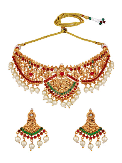 Gold-Plated Gold/Multicolor Pearl Drop Earring With Jewellery Set