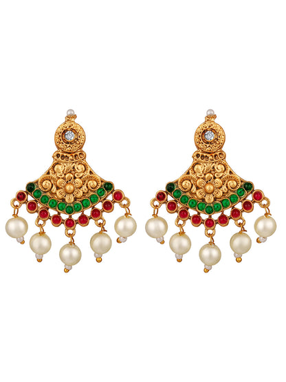 Gold-Plated Gold/Multicolor Pearl Drop Earring With Jewellery Set