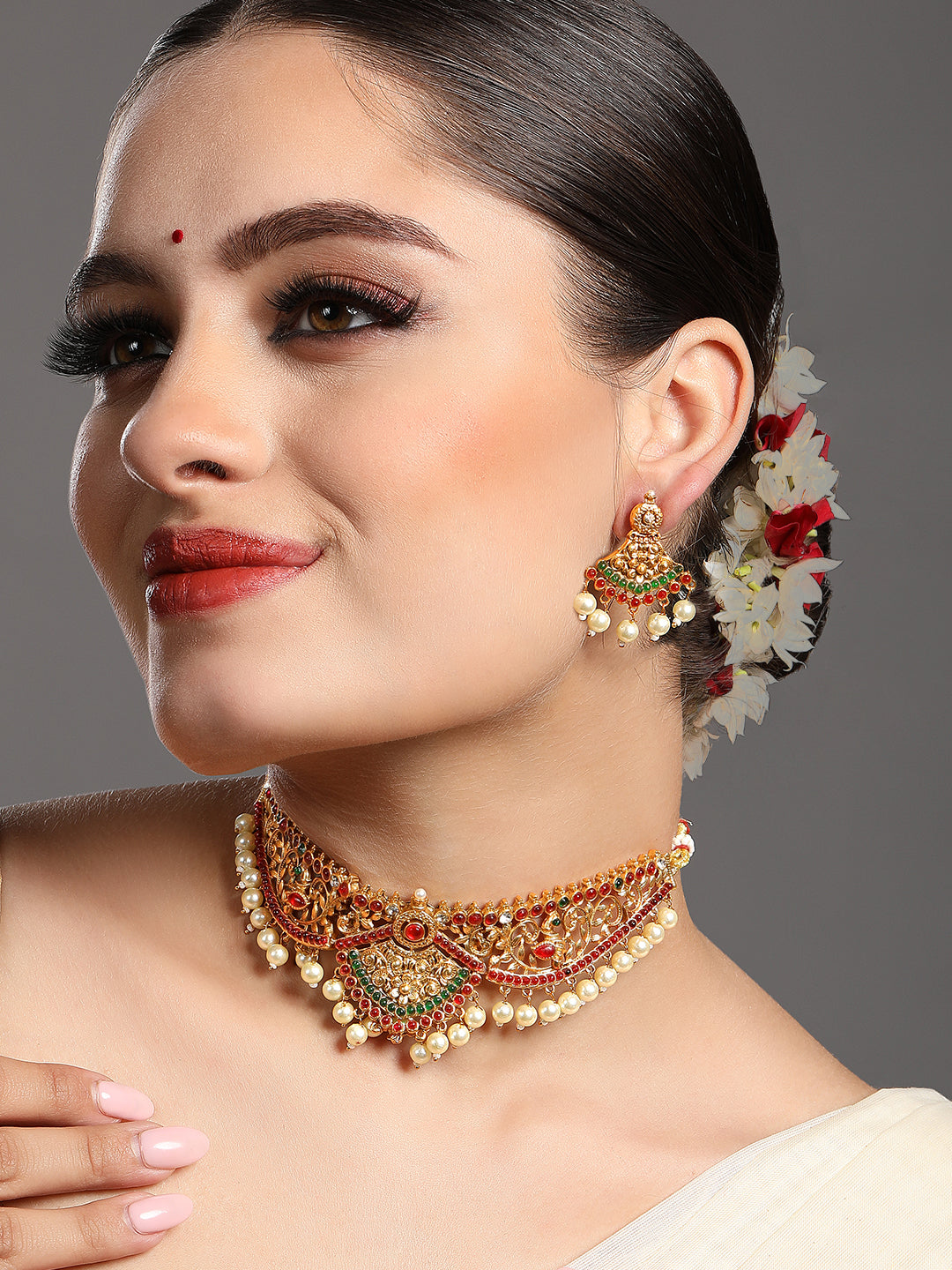 Gold-Plated Gold/Multicolor Pearl Drop Earring With Jewellery Set