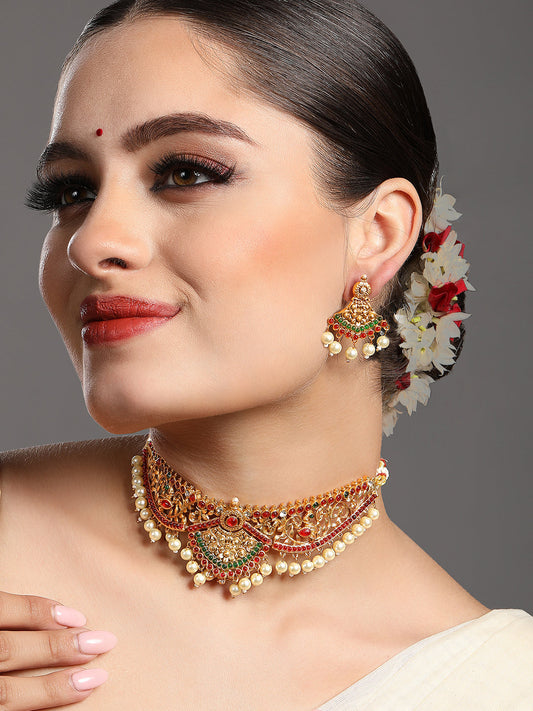 Gold-Plated Gold/Multicolor Pearl Drop Earring With Jewellery Set