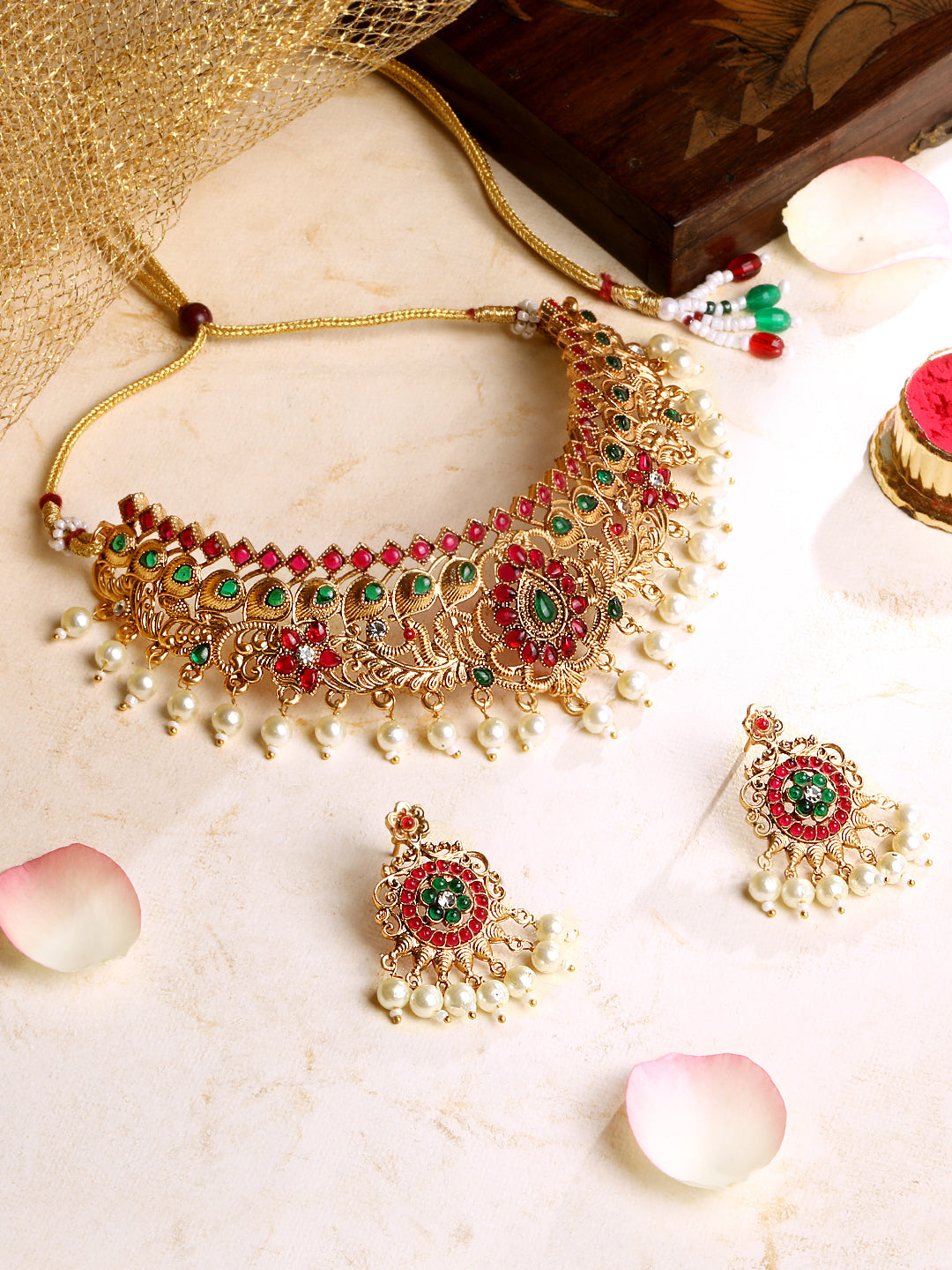 Gold-Plated Gold/Multicolor Pearl Drop Earring With Jewellery Set