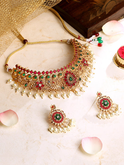 Gold-Plated Gold/Multicolor Pearl Drop Earring With Jewellery Set