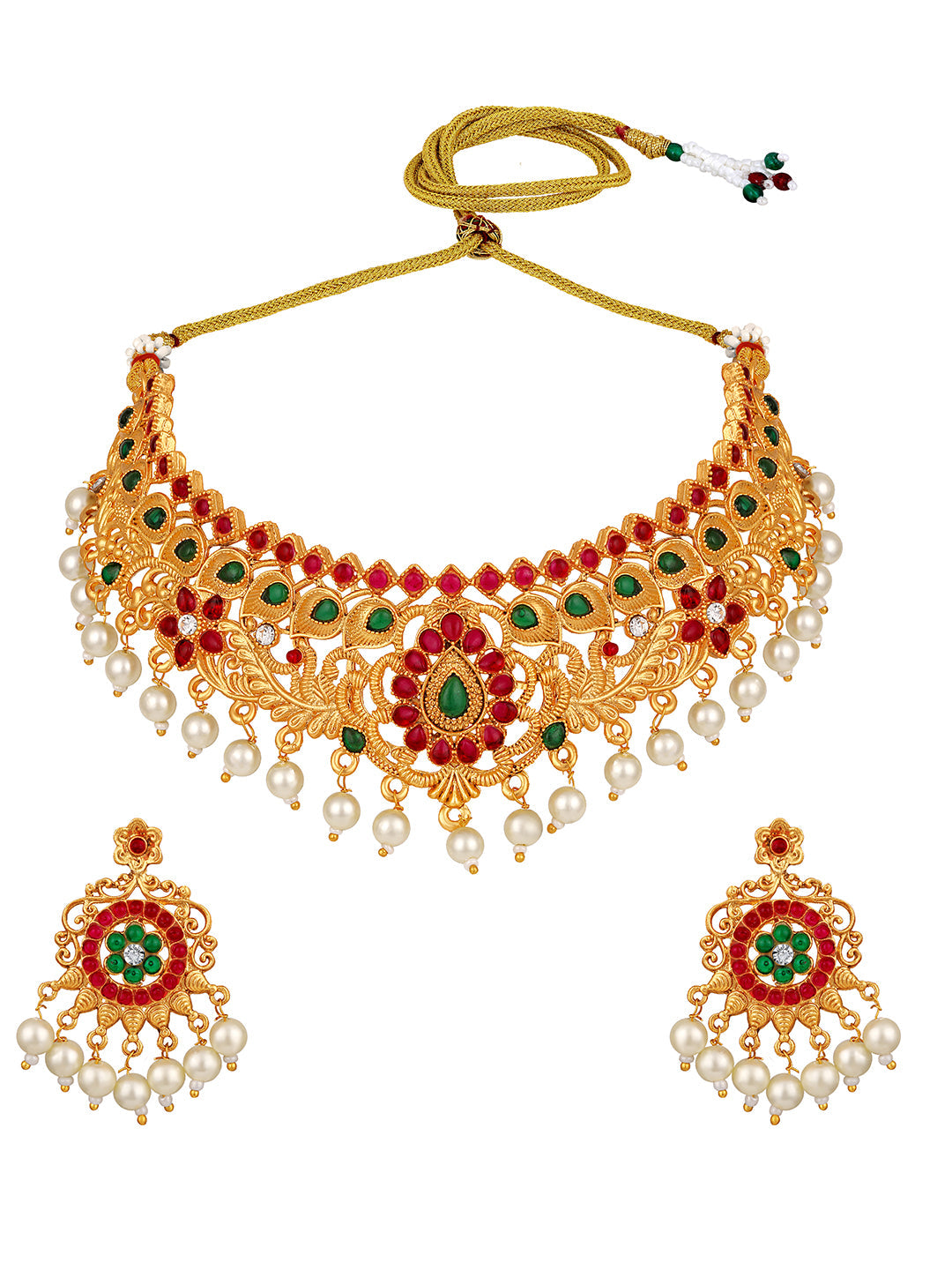 Gold-Plated Gold/Multicolor Pearl Drop Earring With Jewellery Set
