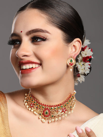 Gold-Plated Gold/Multicolor Pearl Drop Earring With Jewellery Set