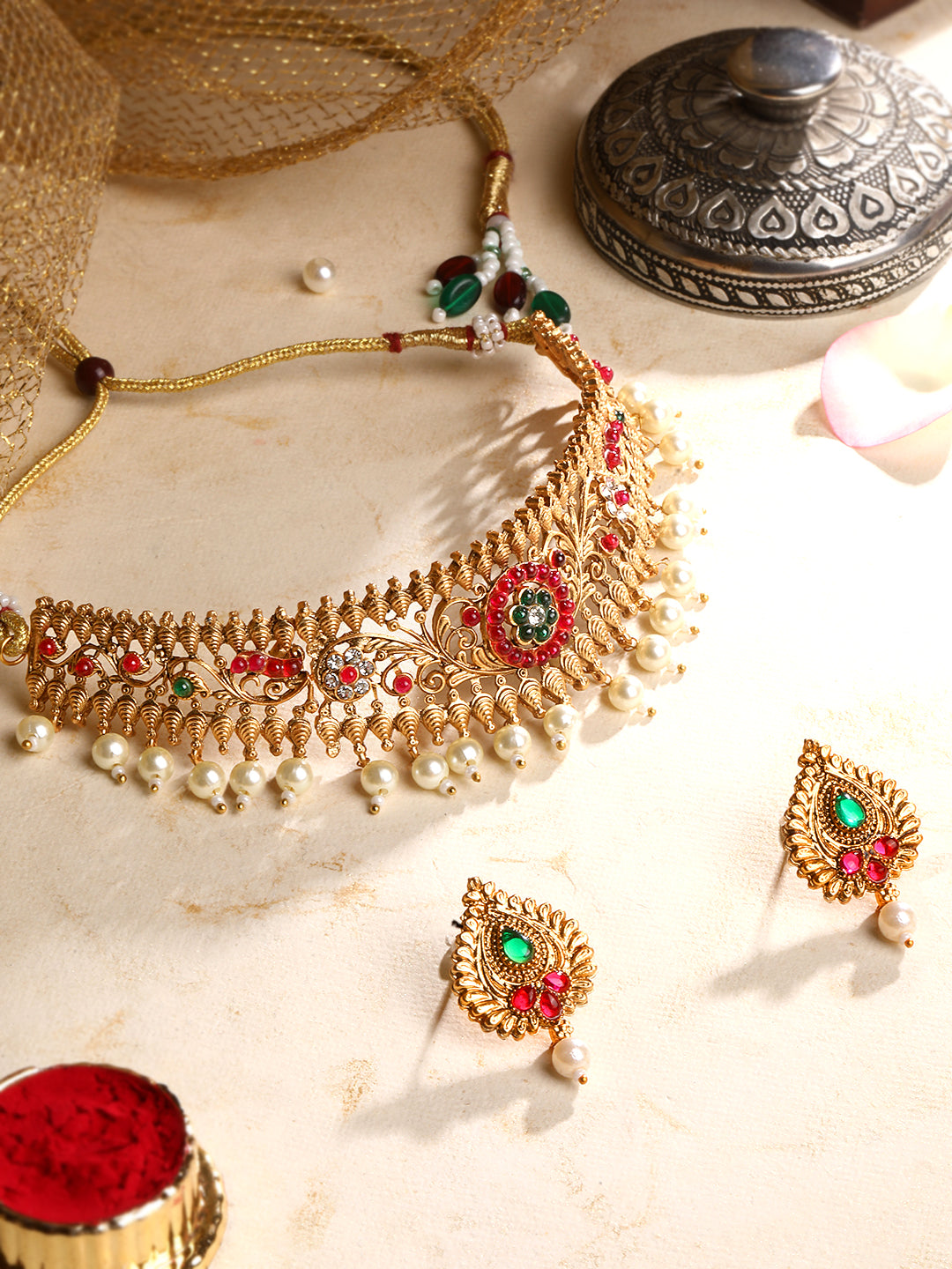Gold-Plated Gold/Multicolor Pearl Drop Earring With Jewellery Set