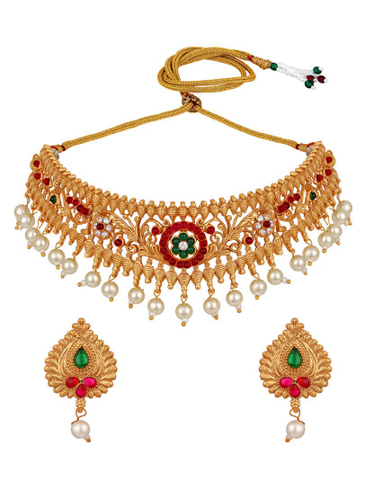 Gold-Plated Gold/Multicolor Pearl Drop Earring With Jewellery Set