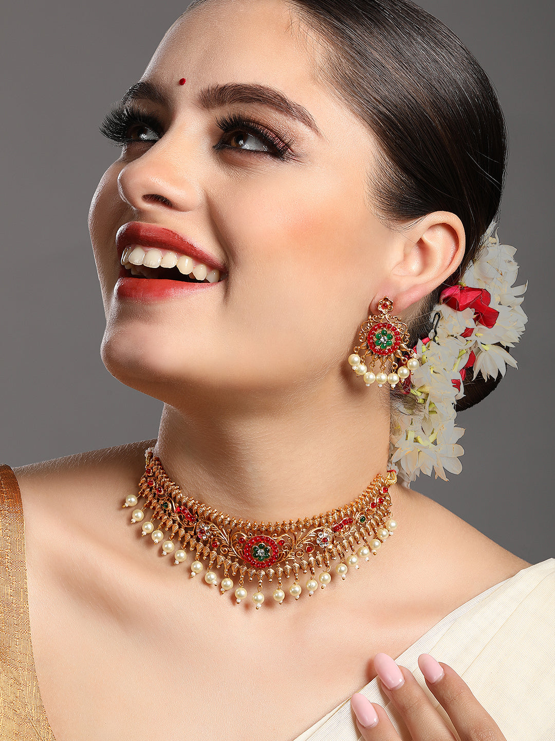 Gold-Plated Gold/Multicolor Pearl Drop Earring With Jewellery Set
