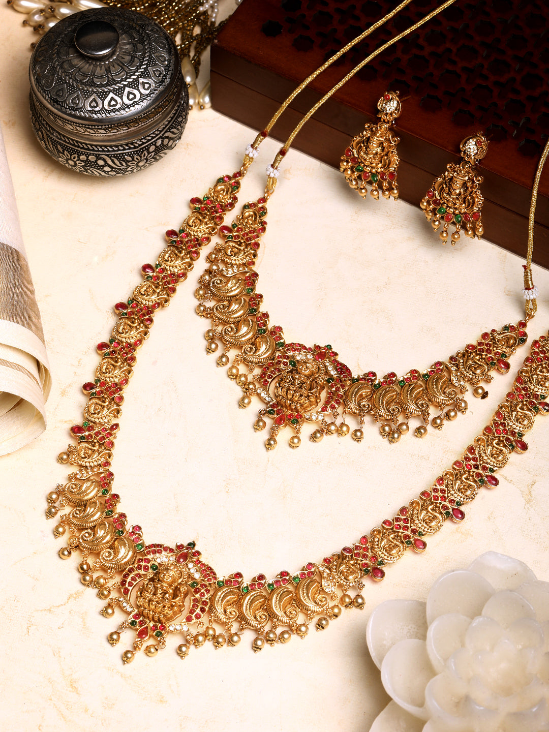 Gold/Multicolor Pearl Gold-Plated Dangle Earrings