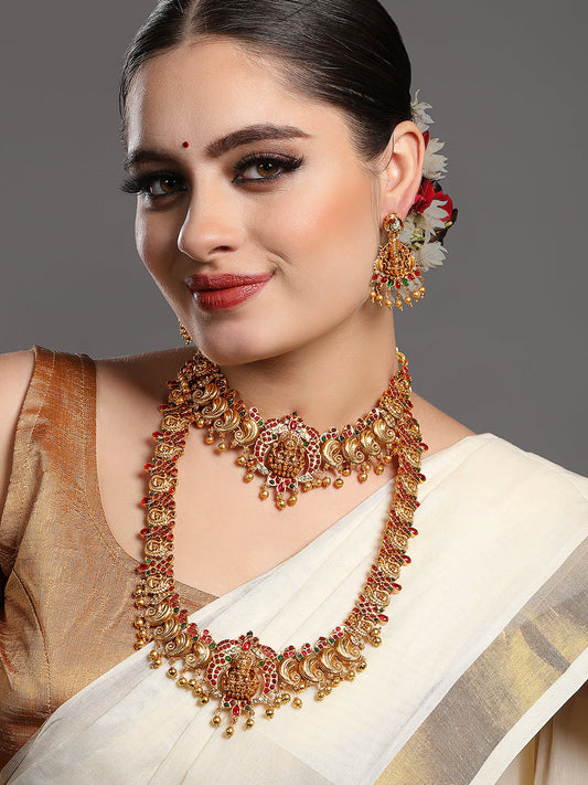 Gold/Multicolor Pearl Gold-Plated Dangle Earrings