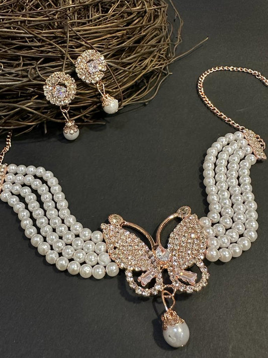 Gold-Plated American Diamonds Pearl  Necklace Set With Drop Earring