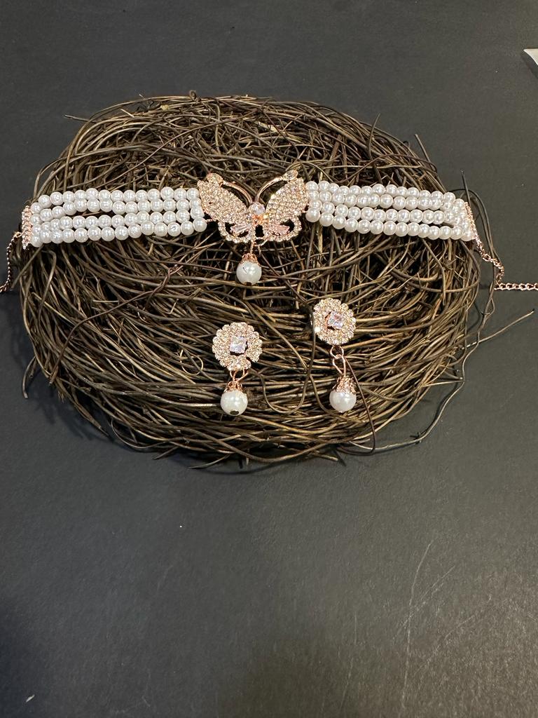 Gold-Plated American Diamonds Pearl  Necklace Set With Drop Earring