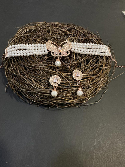 Gold-Plated American Diamonds Pearl  Necklace Set With Drop Earring