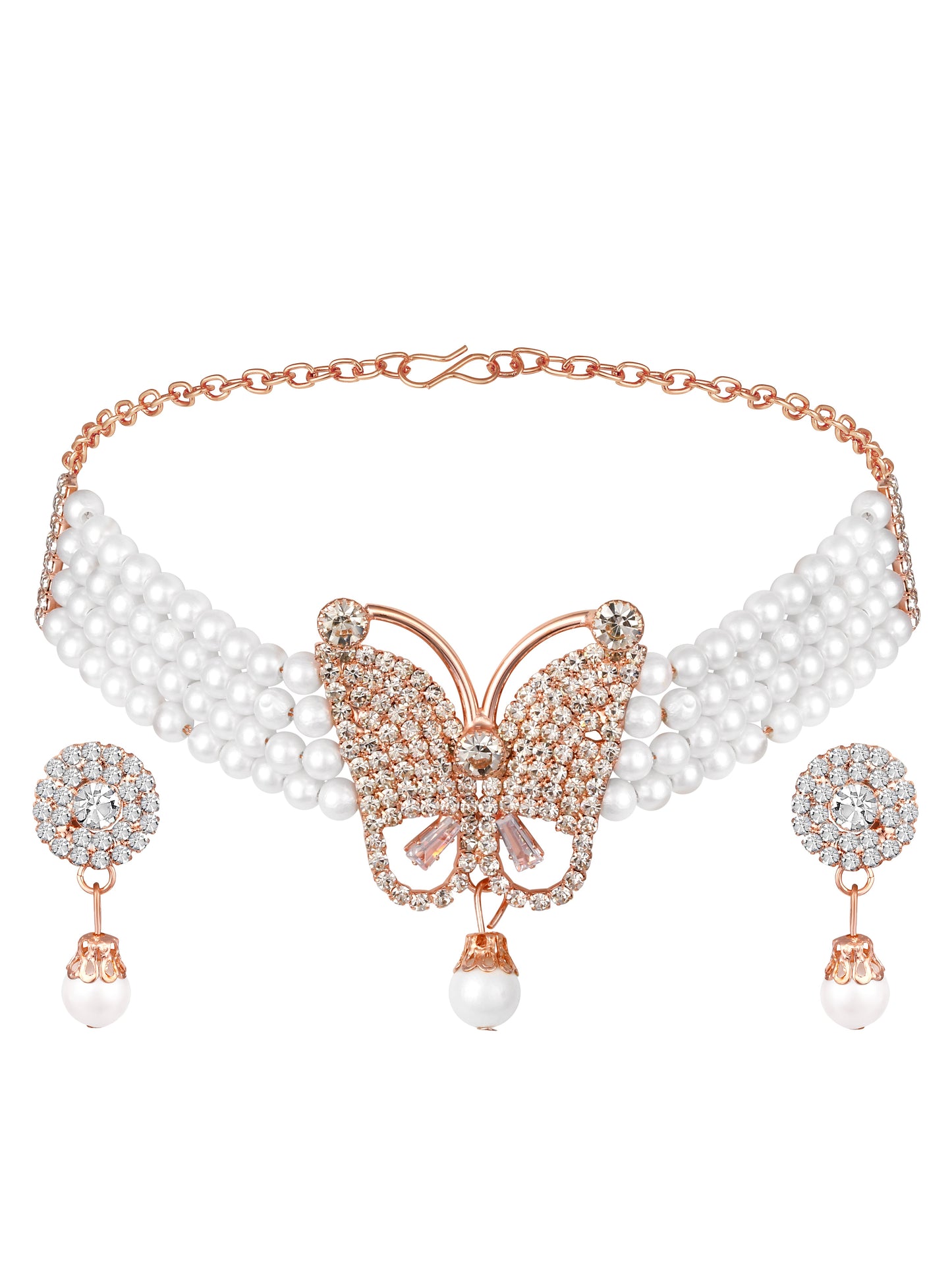 Gold-Plated American Diamonds Pearl  Necklace Set With Drop Earring