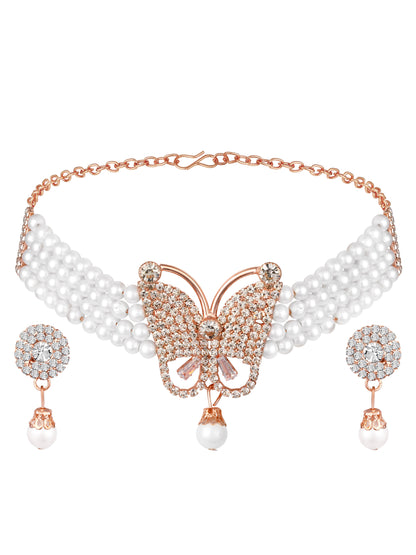 Gold-Plated American Diamonds Pearl  Necklace Set With Drop Earring