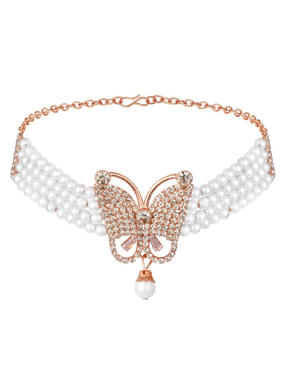 Gold-Plated American Diamonds Pearl  Necklace Set With Drop Earring