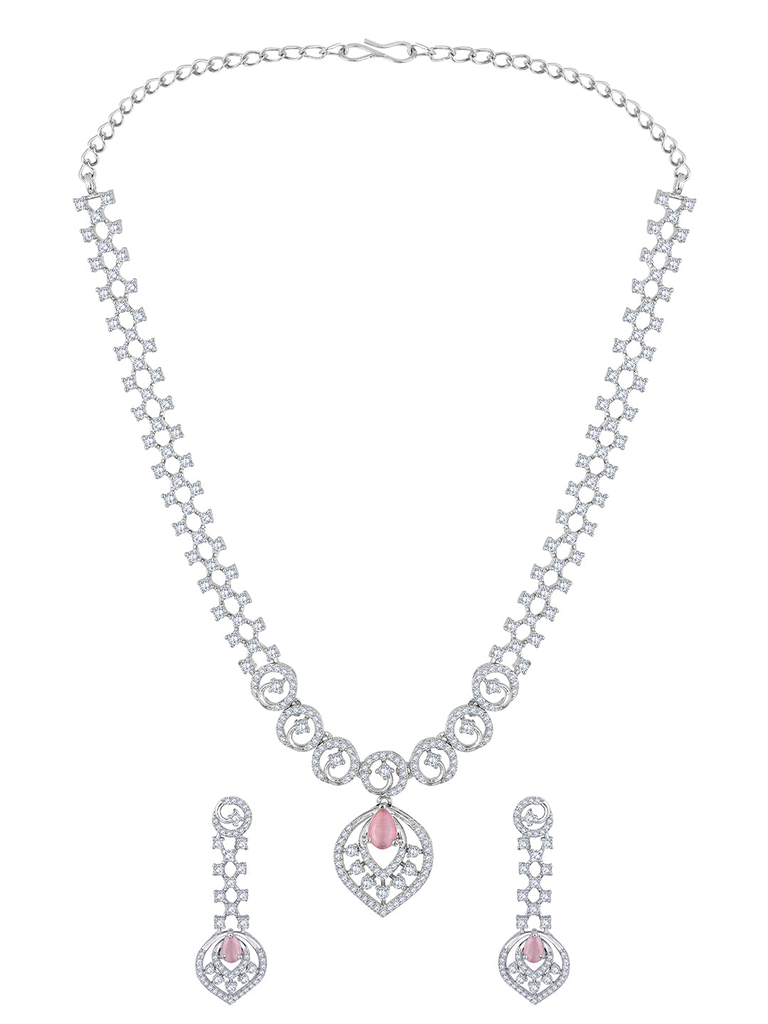 Rhodium Plated White and Baby Pink CZ Stone Studded Choker Set