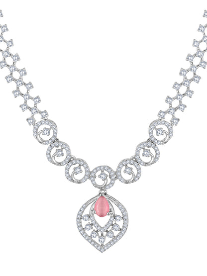 Rhodium Plated White and Baby Pink CZ Stone Studded Choker Set