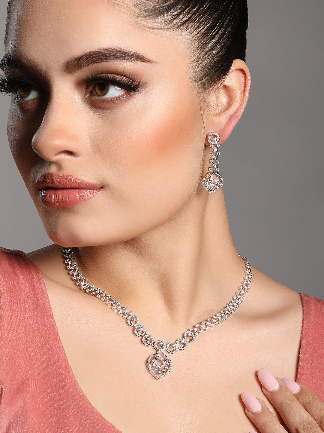 Rhodium Plated White and Baby Pink CZ Stone Studded Choker Set