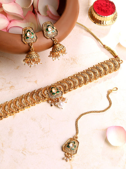 Gold-Plated Artificial Stone Necklace Set With Jhumka Earring