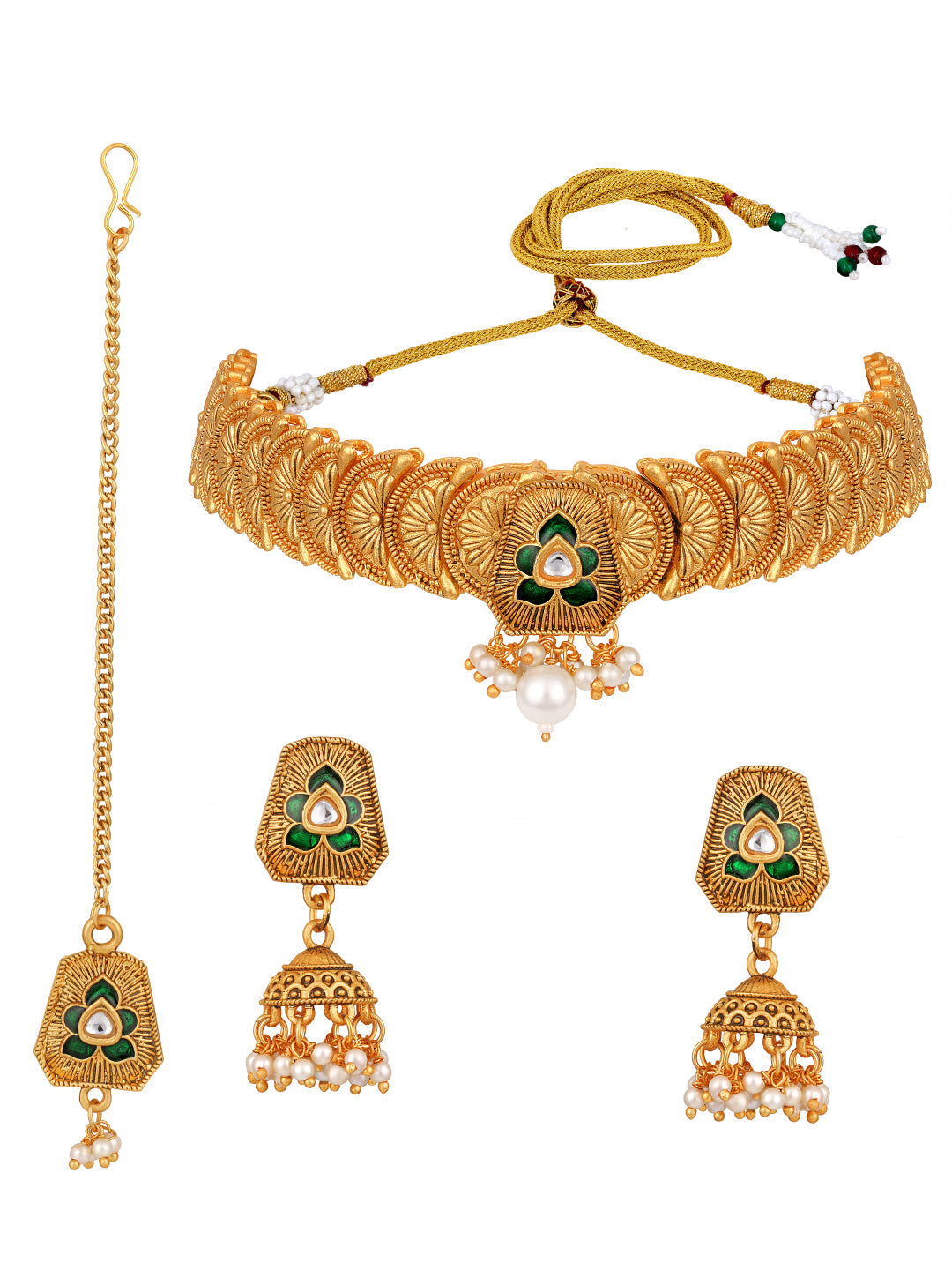 Gold-Plated Artificial Stone Necklace Set With Jhumka Earring