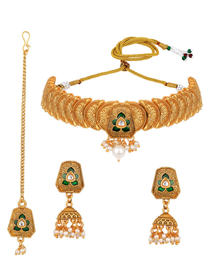 Gold-Plated Artificial Stone Necklace Set With Jhumka Earring