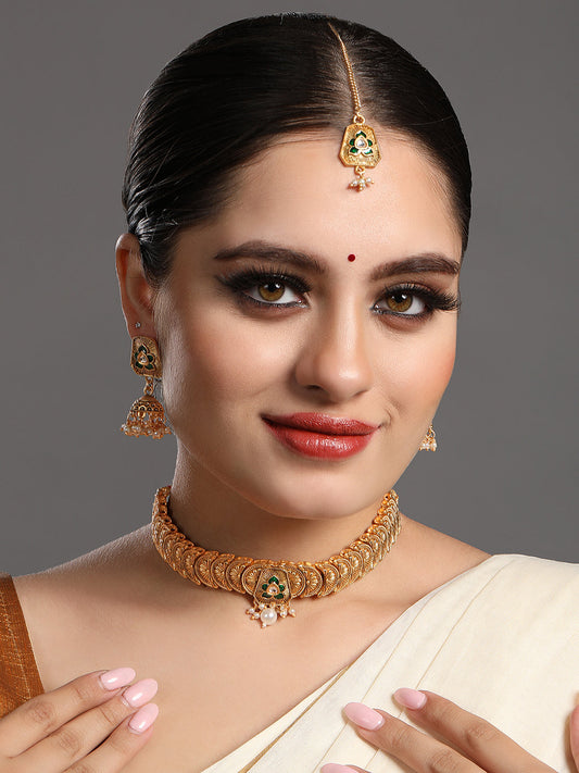 Gold-Plated Artificial Stone Necklace Set With Jhumka Earring