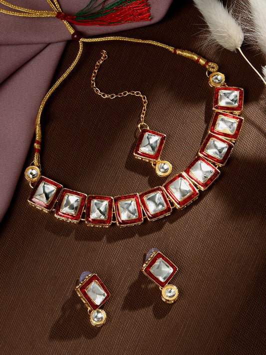 Gold-Plated Artificial Stone Necklace Set With Drop Earring