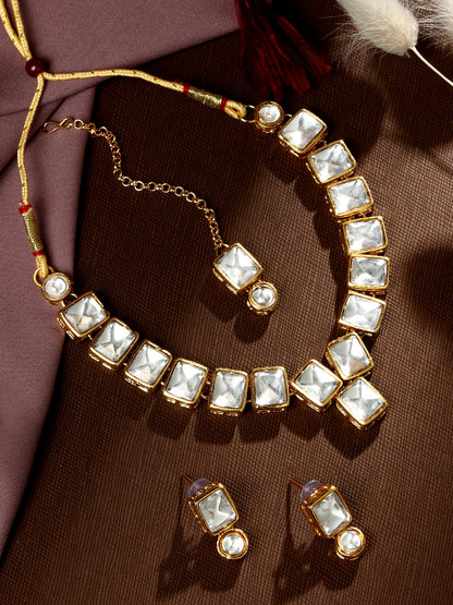 Gold-Plated Artificial Stone Necklace Set With Drop Earring