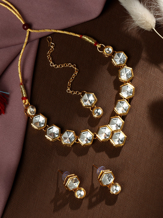 Gold-Plated Artificial Stone Necklace Set With Drop Earring