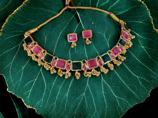 Gold-Plated Multicolor Artificial Stone Drop Earring With Necklace Set