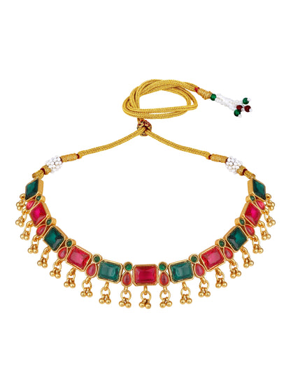 Gold-Plated Multicolor Artificial Stone Drop Earring With Necklace Set