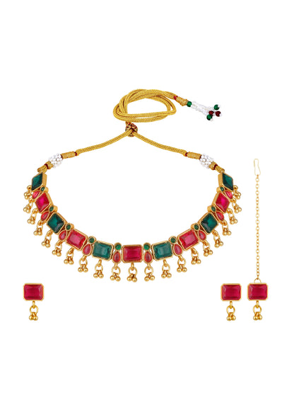 Gold-Plated Multicolor Artificial Stone Drop Earring With Necklace Set