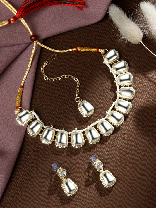 Gold-Plated Americon Diamond Necklace Set With Drop Earring