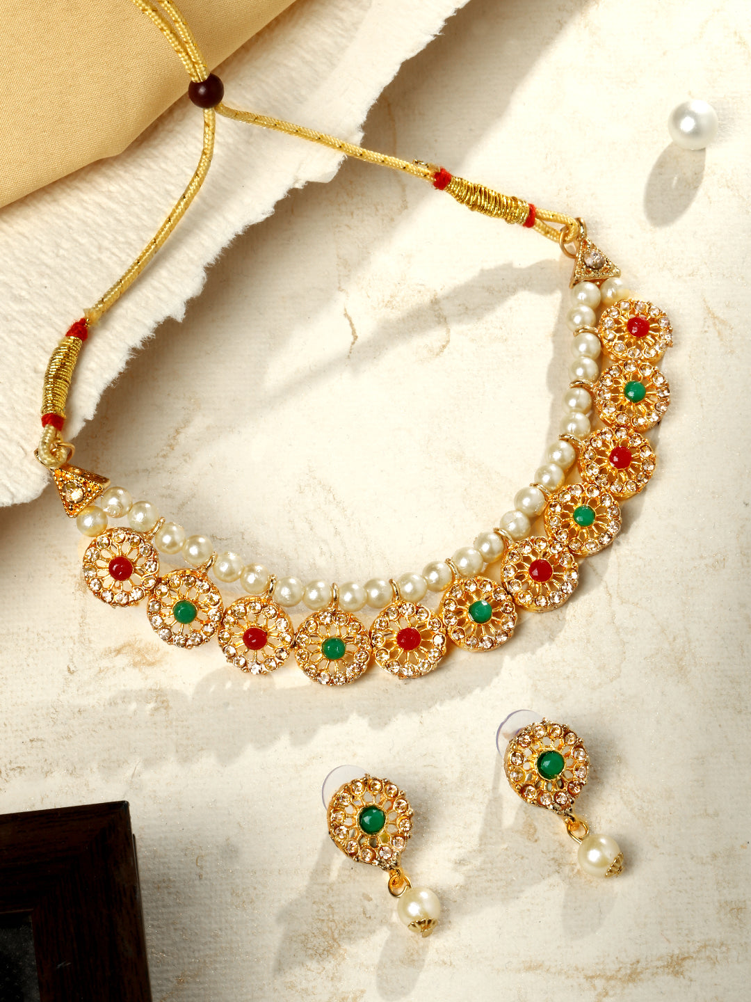 Gold-Plated Multicolor Kundan Artificial Stone Pearl Drop Earring With Necklace Set