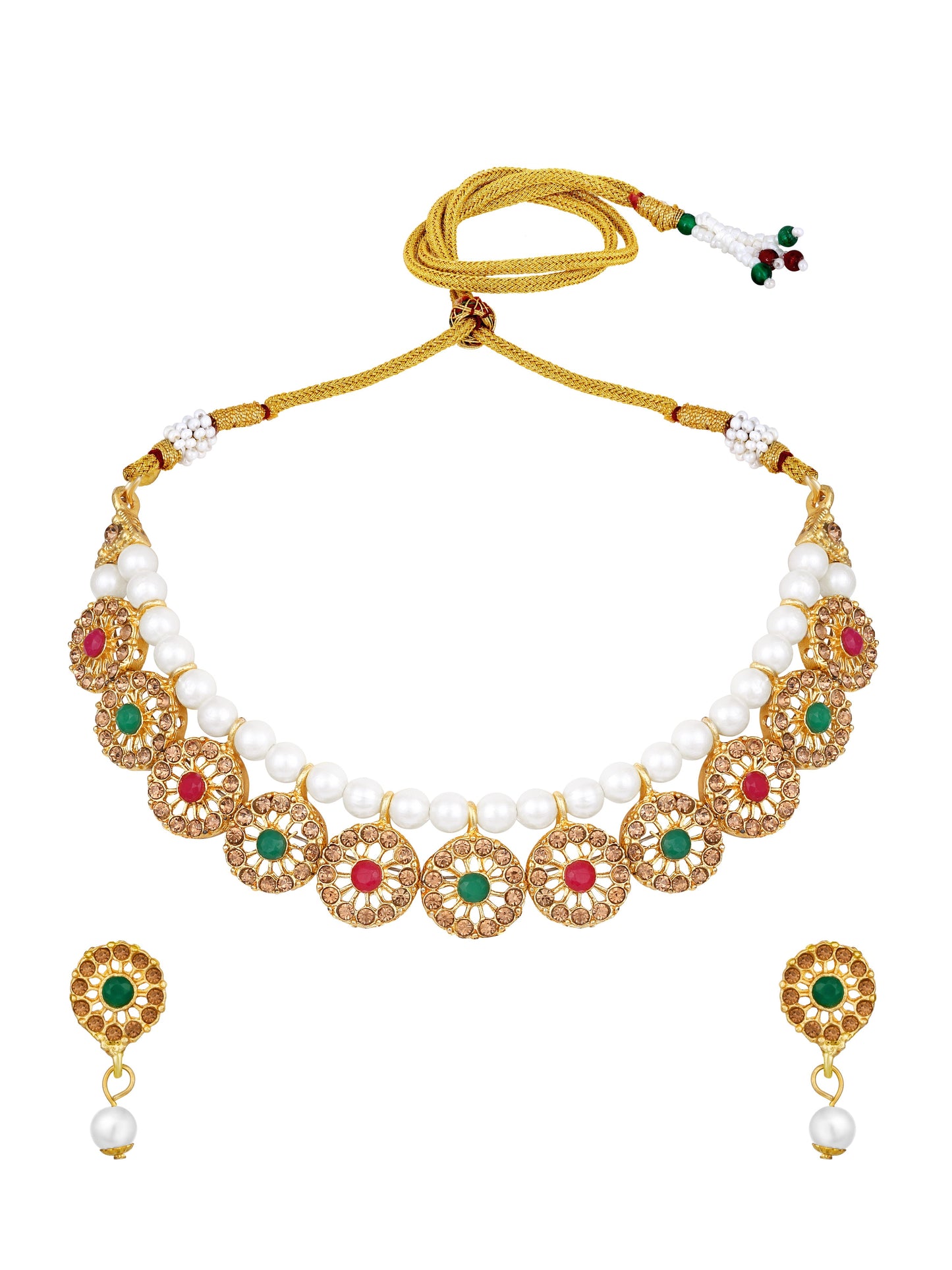 Gold-Plated Multicolor Kundan Artificial Stone Pearl Drop Earring With Necklace Set