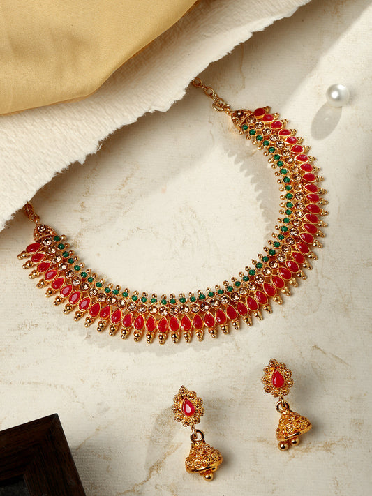 Gold-Plated Artificial Stone Kundan Pearl Necklace Set With Jhumka Earring